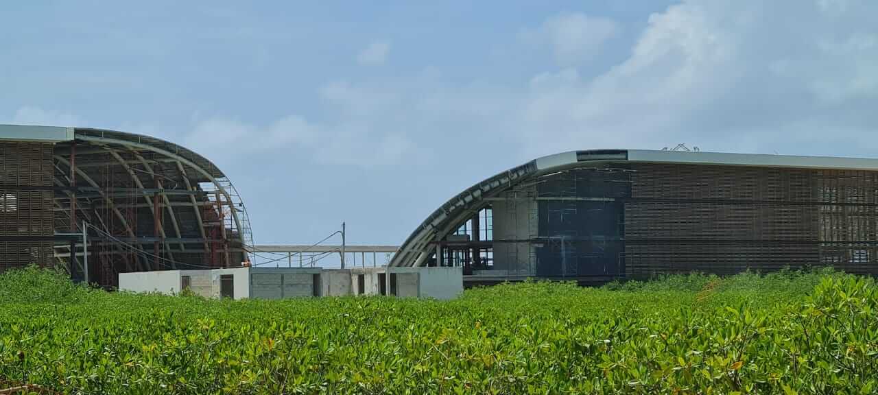 Structural steel columns, beams, and other members are visible as the St. Regis Kanai resort is under construction.