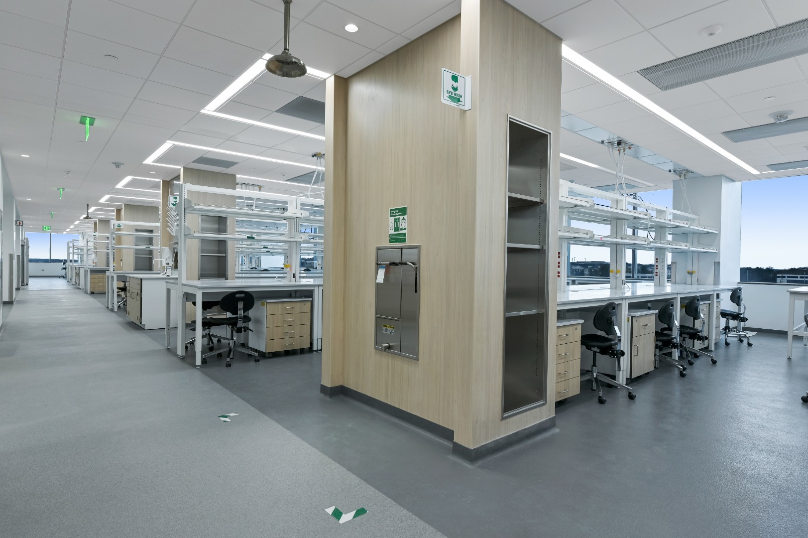 A pharmaceutical laboratory containing work stations with sensitive equipment.